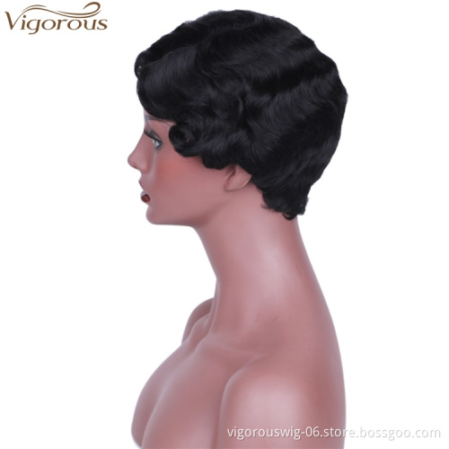 Vigorous Short Finger Wave Curly Wigs for Black Women African American Synthetic Retro Hair Wig Heat Resistant Fiber
